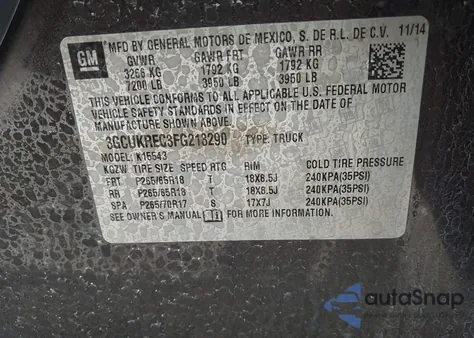 2015 Chevrolet Silverado 1500 1Lt from USA, damaged, VIN 3GCUKREC3FG213290